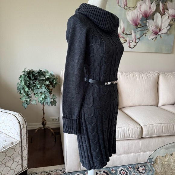 Calvin Klein Charcoal Grey Cowl Neck Belted Cable Knit Sweater Dress - Picture 4 of 16